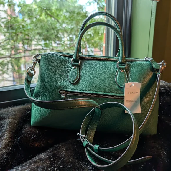 Coach Emerald Green Pebbled Leather Satchel with Removable Strap - Picture 2 of 5